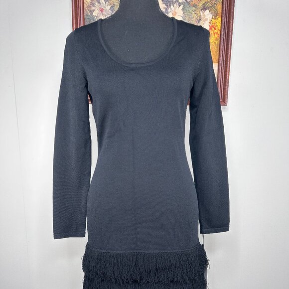 Calvin Klein Sheath Dress Women's Small Shag Fringe Trim Knit Black Party NWT - Picture 1 of 16